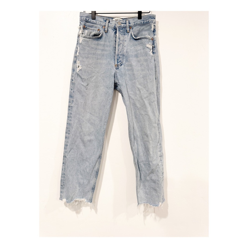 AGOLDE High Rise Straight Leg Distressed Light Wash Jeans Size 26 Raw Hem
